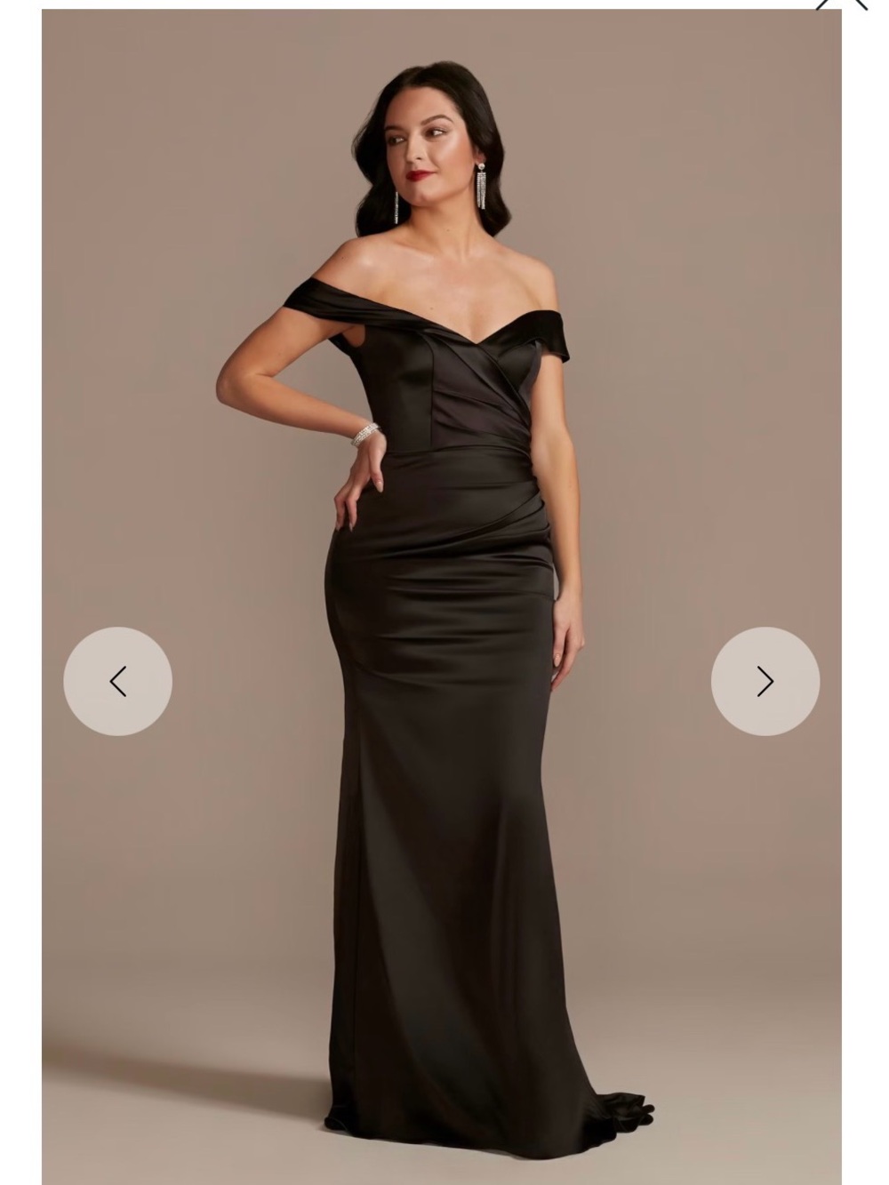 Signature Black Satin V-Neck Off-The-Shoulder Ruching Fishtail Dress